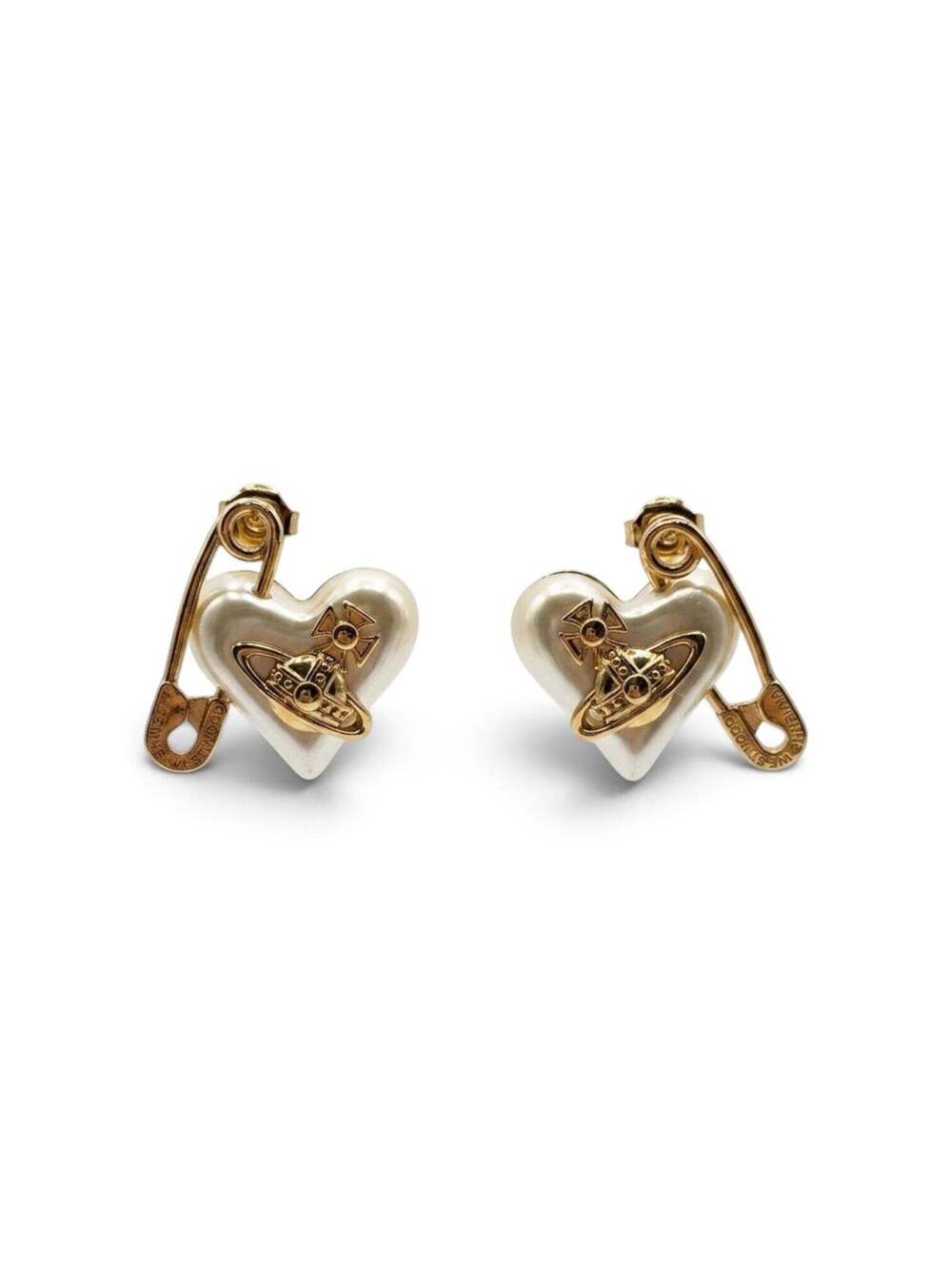 Vivienne Westwood Orietta Pearl Heart Safety Pin Stud Earrings – Gold